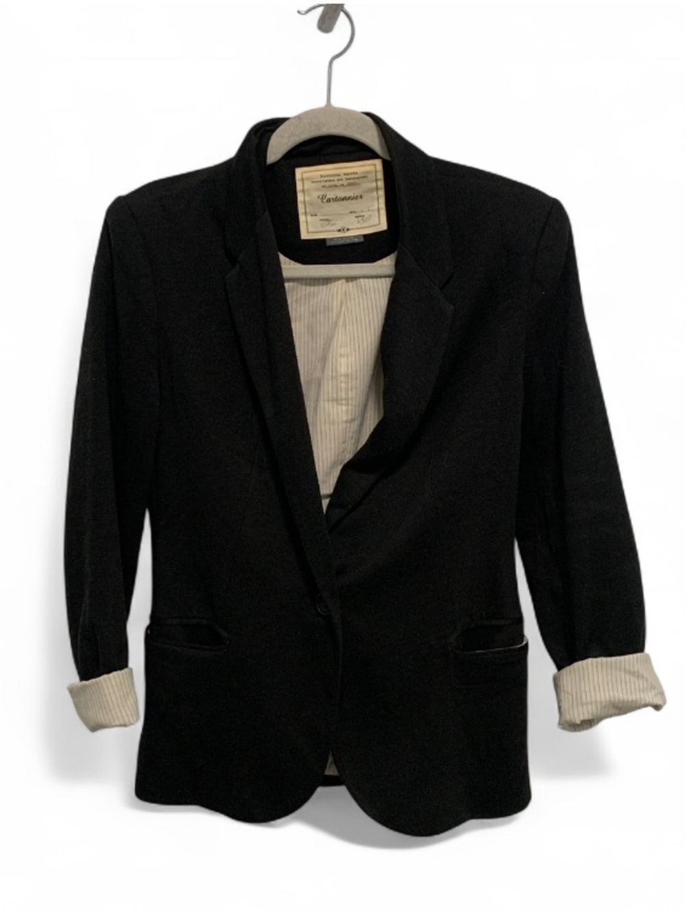 Cartonnier Anthropologie Black Single Button Blazer with Cream Striped Lining